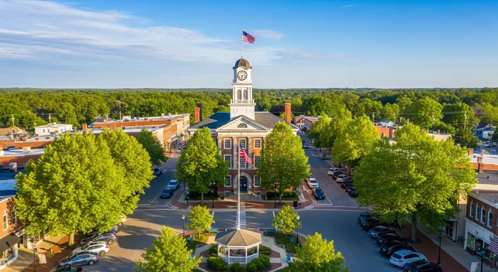 Aerial view of a beautiful, small American town center with a classic town hall